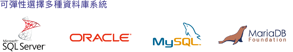 多種資料庫，包含:SQL Server、Oracle、mysql、postgresql