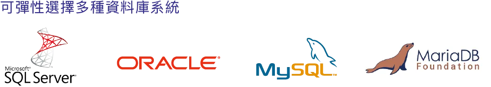 多種資料庫，包含:SQL Server、Oracle、mysql、postgresql